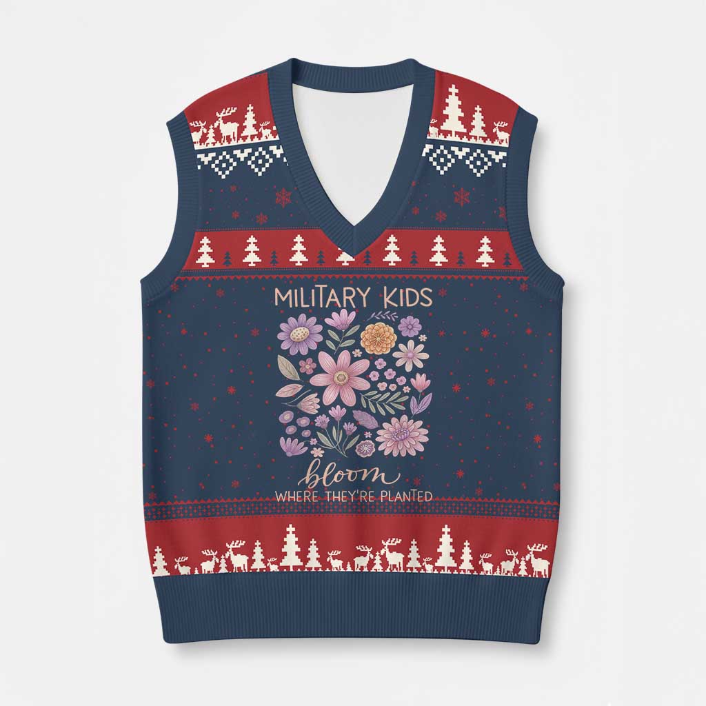 Military Kids Bloom Where They are Planted V-Neck Knit Sweater Vest Purple Up Month of the Military Child Floral Empowerment TS02 Navy Red Print Your Wear