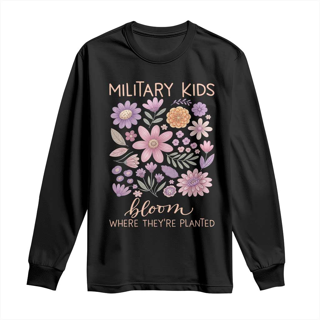 Military Kids Bloom Where They are Planted Long Sleeve Shirt Purple Up Month of the Military Child Floral Empowerment TS02 Black Print Your Wear