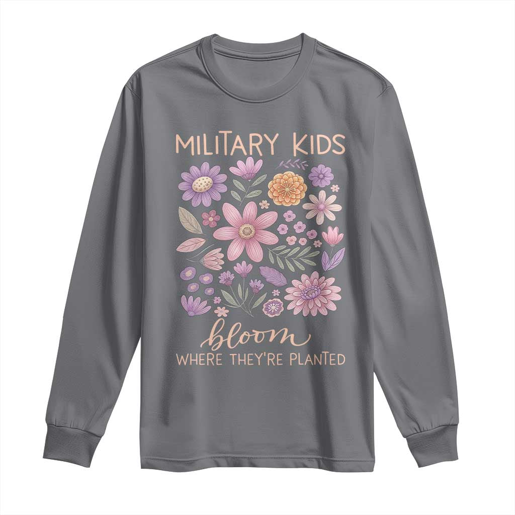 Military Kids Bloom Where They are Planted Long Sleeve Shirt Purple Up Month of the Military Child Floral Empowerment TS02 Charcoal Print Your Wear