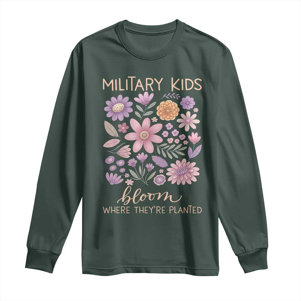 Military Kids Bloom Where They are Planted Long Sleeve Shirt Purple Up Month of the Military Child Floral Empowerment TS02 Dark Forest Green Print Your Wear