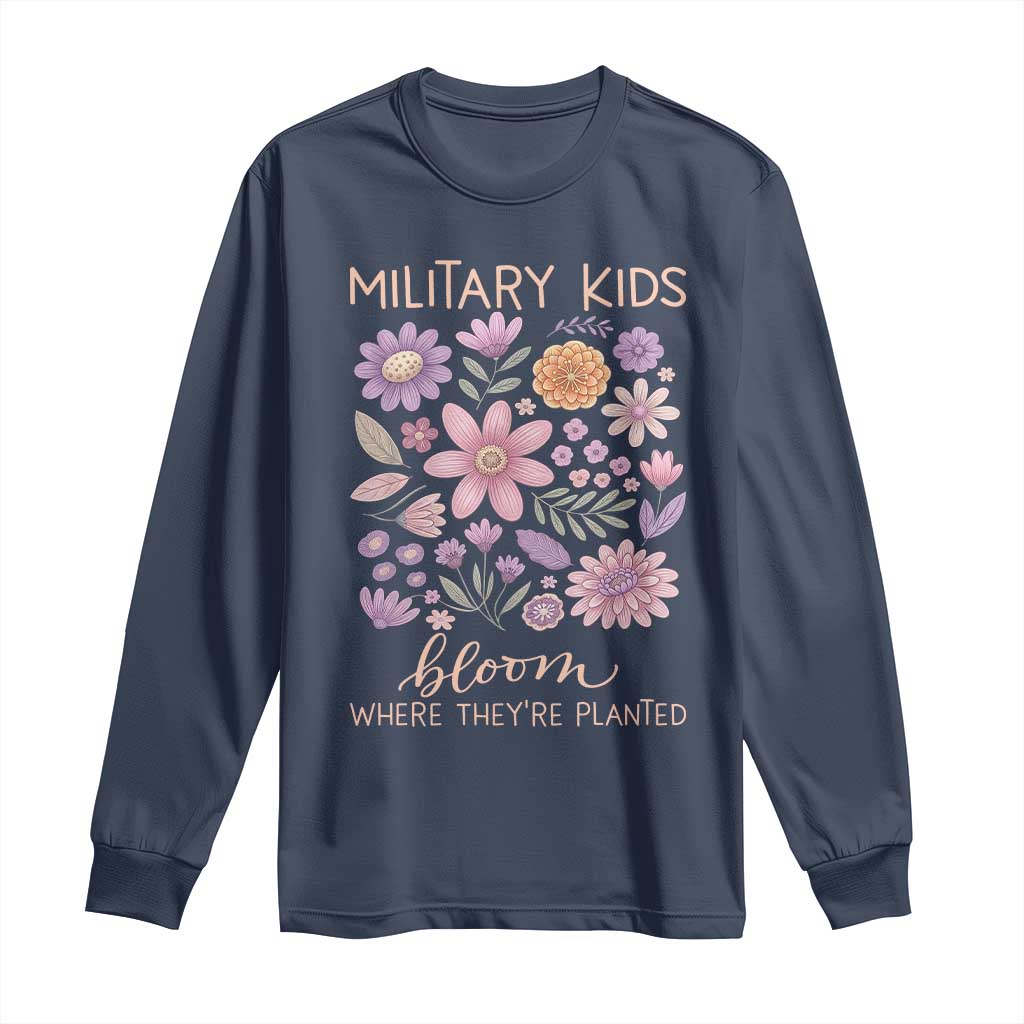 Military Kids Bloom Where They are Planted Long Sleeve Shirt Purple Up Month of the Military Child Floral Empowerment TS02 Navy Print Your Wear