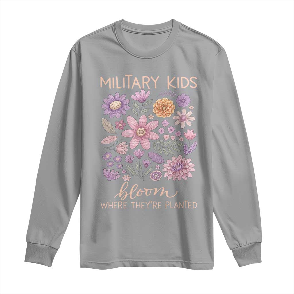 Military Kids Bloom Where They are Planted Long Sleeve Shirt Purple Up Month of the Military Child Floral Empowerment TS02 Sport Gray Print Your Wear