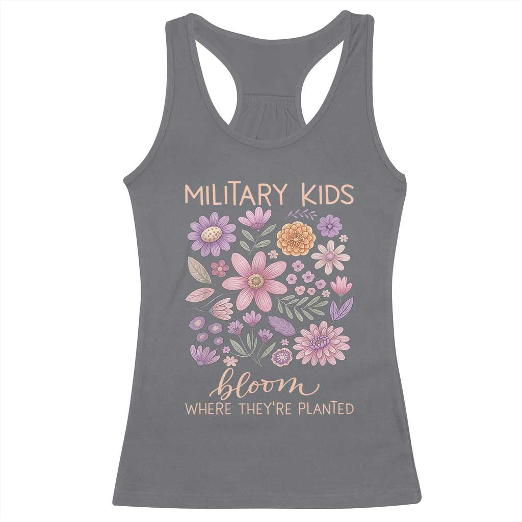 Military Kids Bloom Where They are Planted Racerback Tank Top Purple Up Month of the Military Child Floral Empowerment TS02 Charcoal Print Your Wear