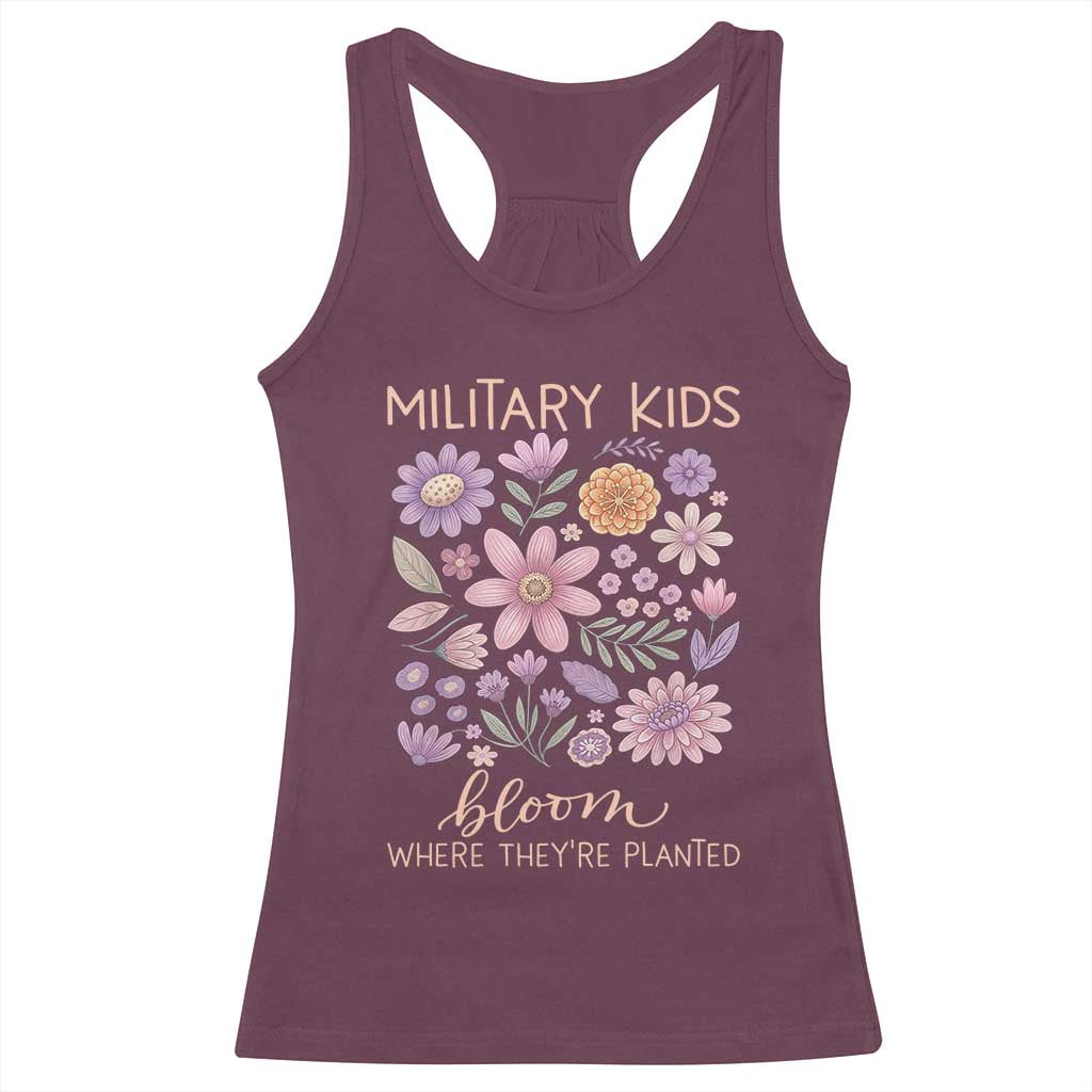 Military Kids Bloom Where They are Planted Racerback Tank Top Purple Up Month of the Military Child Floral Empowerment TS02 Maroon Print Your Wear