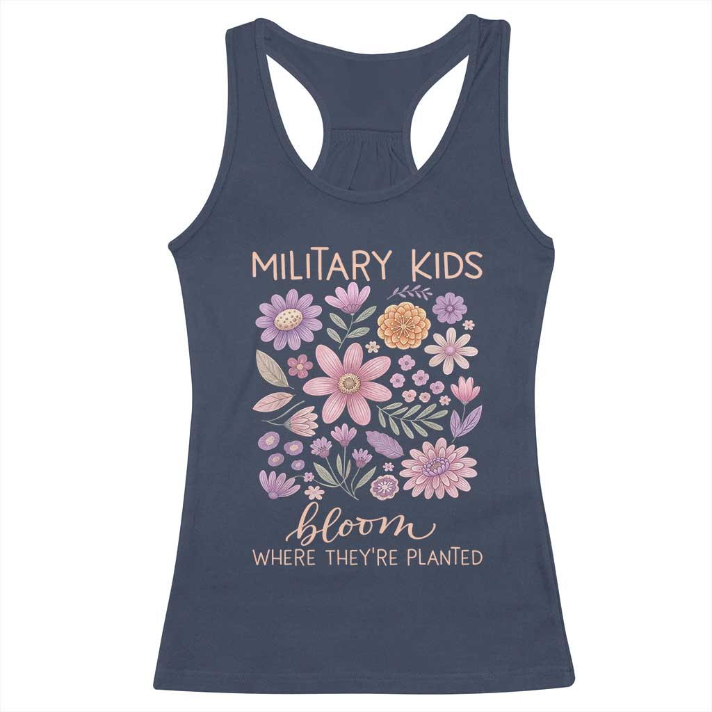 Military Kids Bloom Where They are Planted Racerback Tank Top Purple Up Month of the Military Child Floral Empowerment TS02 Navy Print Your Wear