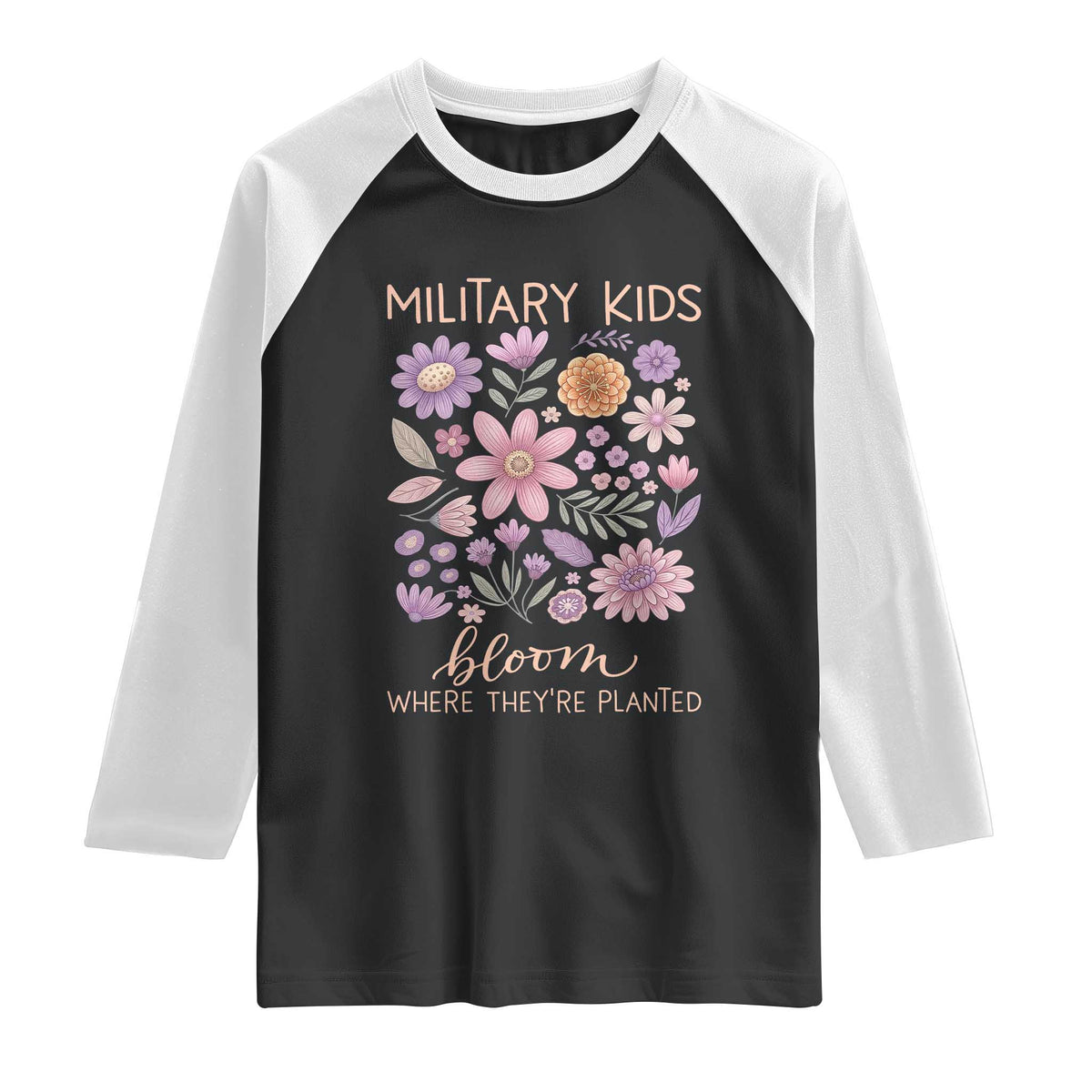 Military Kids Bloom Where They are Planted Raglan Shirt Purple Up Month of the Military Child Floral Empowerment TS02 Black White Print Your Wear
