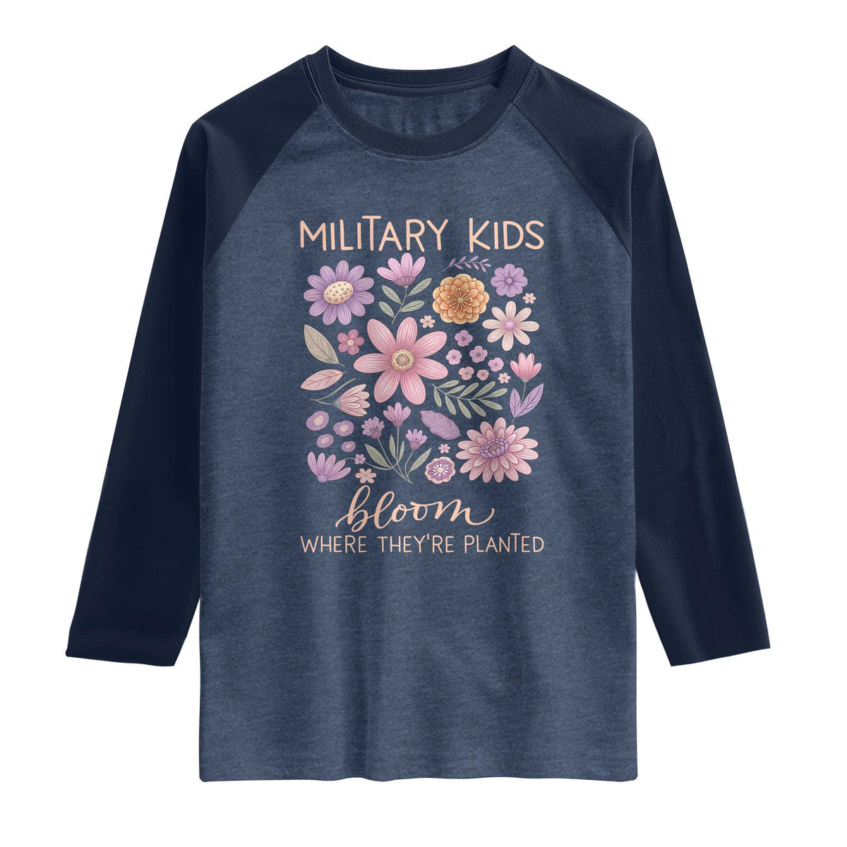 Military Kids Bloom Where They are Planted Raglan Shirt Purple Up Month of the Military Child Floral Empowerment TS02 Heather Denim Navy Print Your Wear