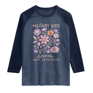 Military Kids Bloom Where They are Planted Raglan Shirt Purple Up Month of the Military Child Floral Empowerment TS02 Heather Denim Navy Print Your Wear