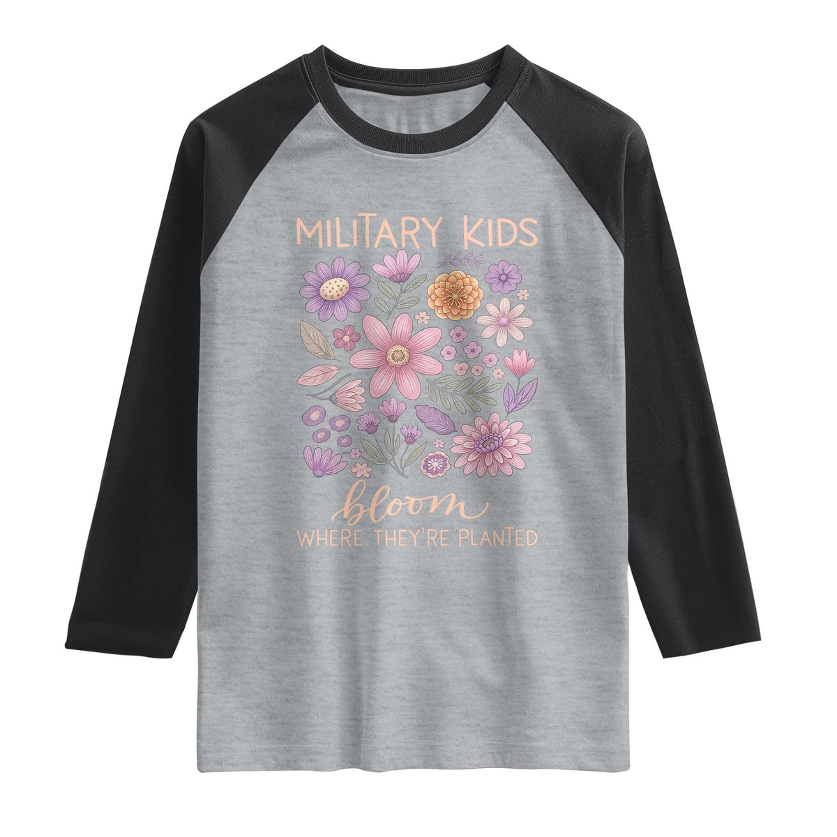Military Kids Bloom Where They are Planted Raglan Shirt Purple Up Month of the Military Child Floral Empowerment TS02 Heather Gray Black Print Your Wear