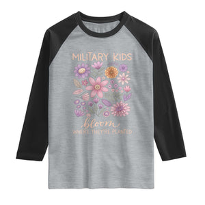 Military Kids Bloom Where They are Planted Raglan Shirt Purple Up Month of the Military Child Floral Empowerment TS02 Heather Gray Black Print Your Wear