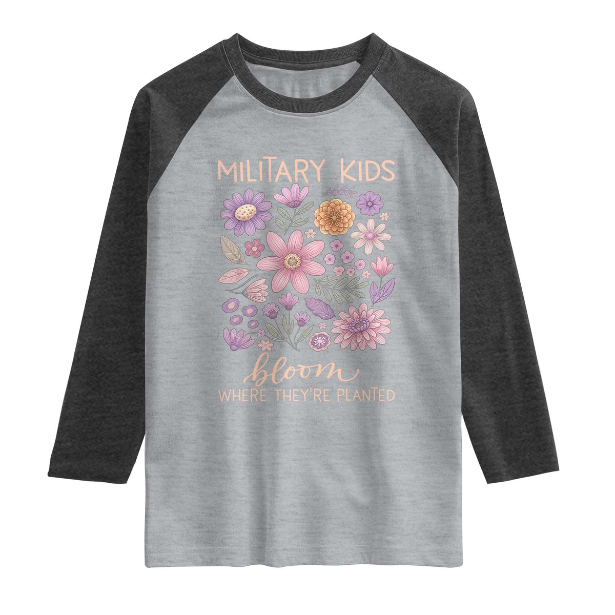Military Kids Bloom Where They are Planted Raglan Shirt Purple Up Month of the Military Child Floral Empowerment TS02 Heather Gray Heather Charcoal Print Your Wear