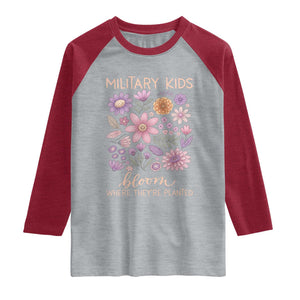 Military Kids Bloom Where They are Planted Raglan Shirt Purple Up Month of the Military Child Floral Empowerment TS02 Heather Gray Heather Red Print Your Wear