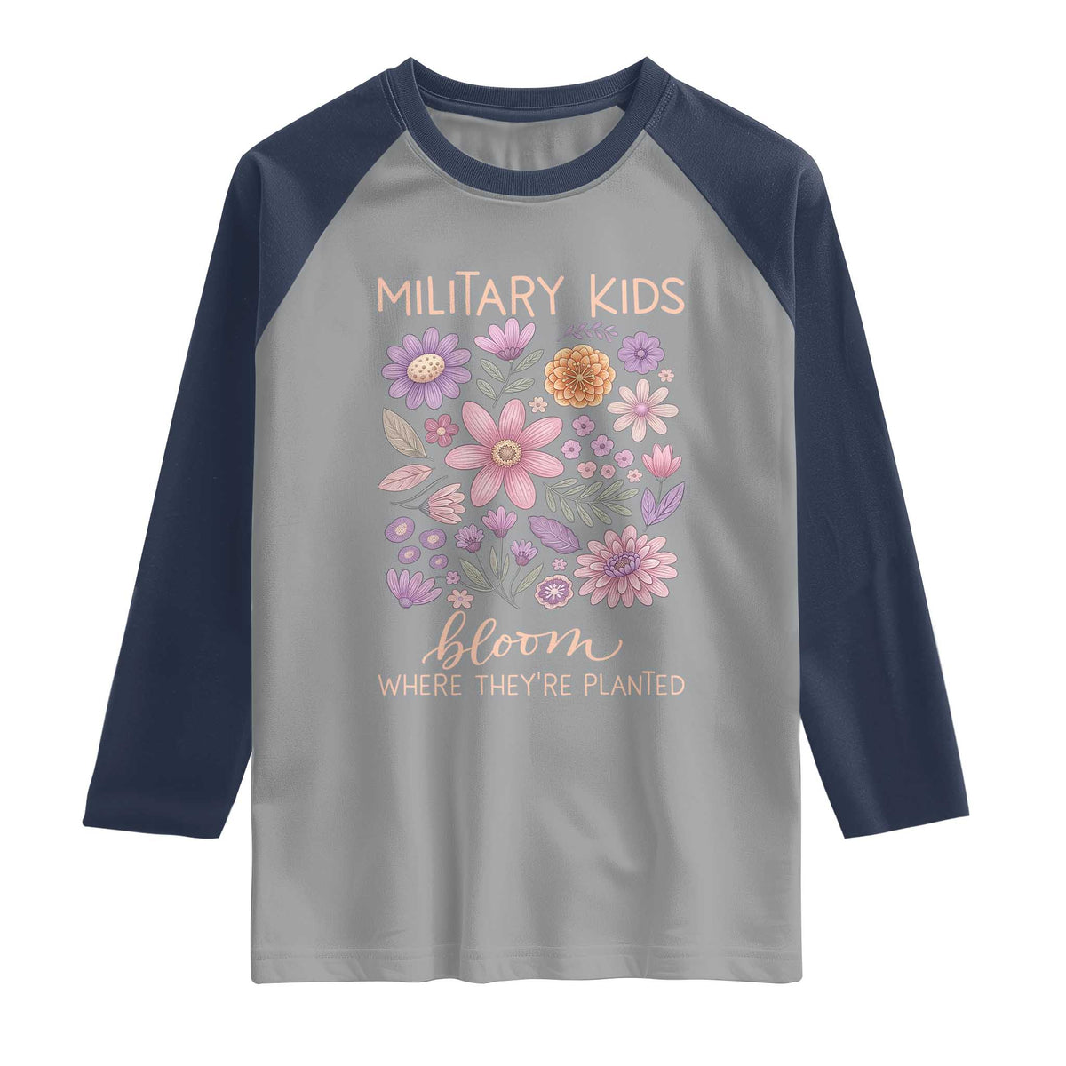 Military Kids Bloom Where They are Planted Raglan Shirt Purple Up Month of the Military Child Floral Empowerment TS02 Sport Gray Navy Print Your Wear