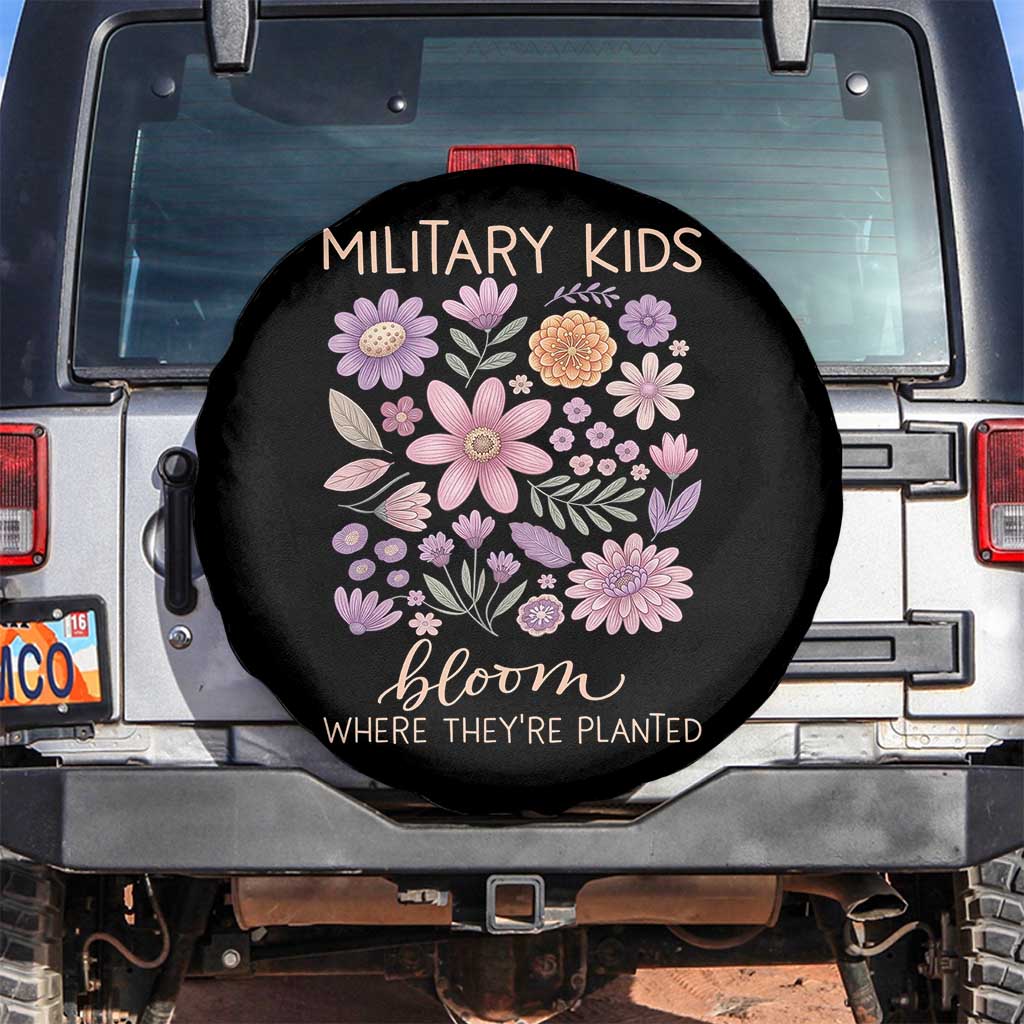 Military Kids Bloom Where They are Planted Spare Tire Cover Purple Up Month of the Military Child Floral Empowerment TS02 No hole Black Print Your Wear