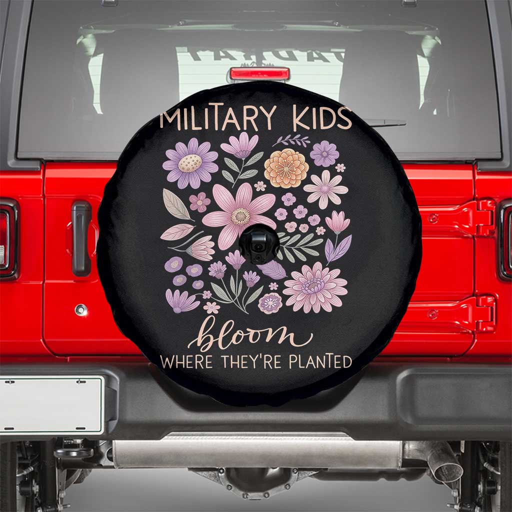 Military Kids Bloom Where They are Planted Spare Tire Cover Purple Up Month of the Military Child Floral Empowerment TS02 Black Print Your Wear