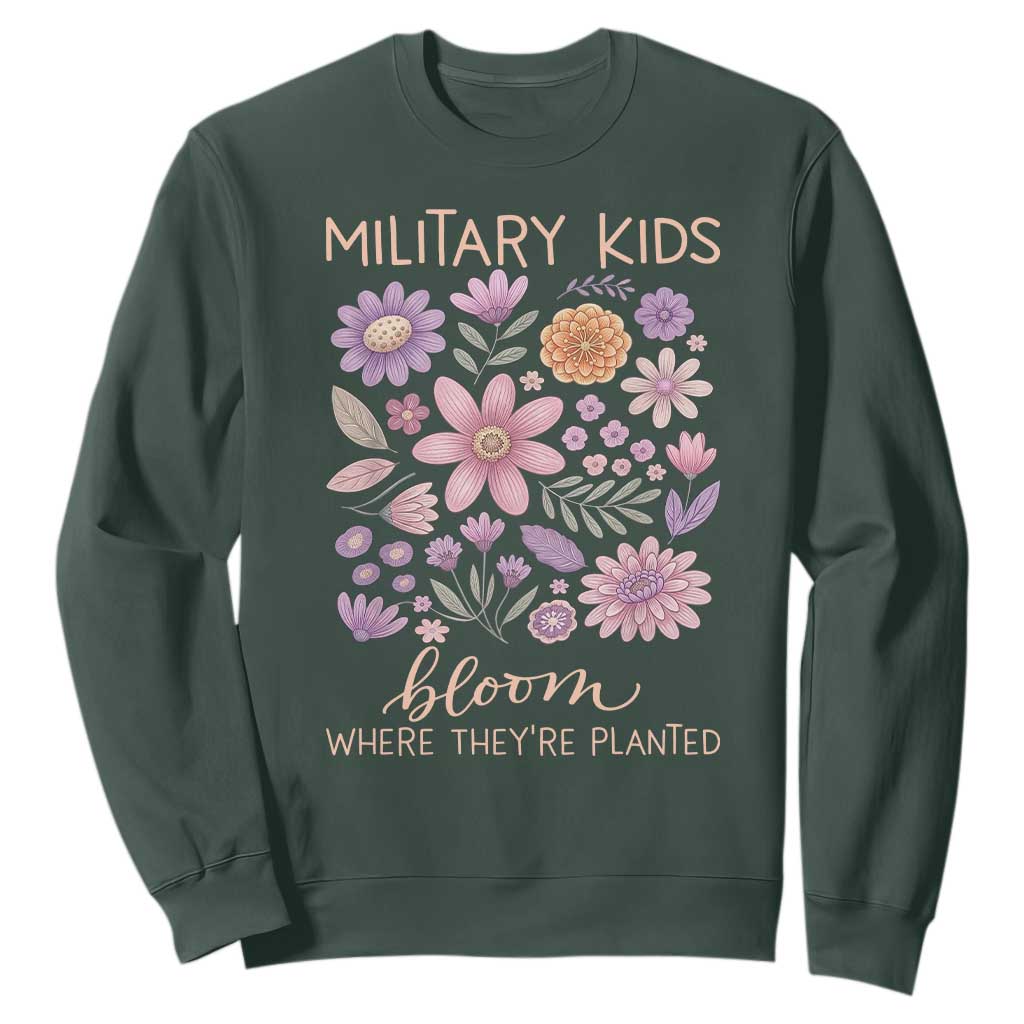 Military Kids Bloom Where They are Planted Sweatshirt Purple Up Month of the Military Child Floral Empowerment TS02 Dark Forest Green Print Your Wear