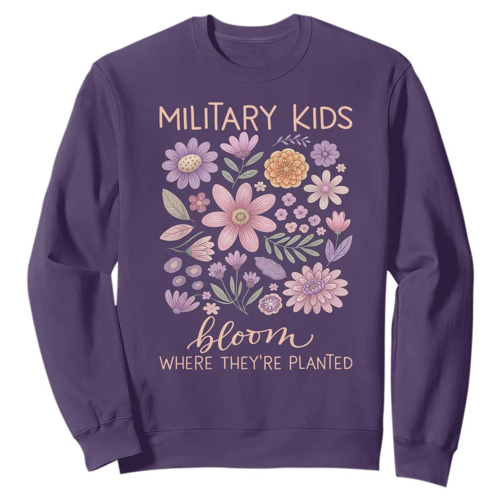 Military Kids Bloom Where They are Planted Sweatshirt Purple Up Month of the Military Child Floral Empowerment TS02 Purple Print Your Wear