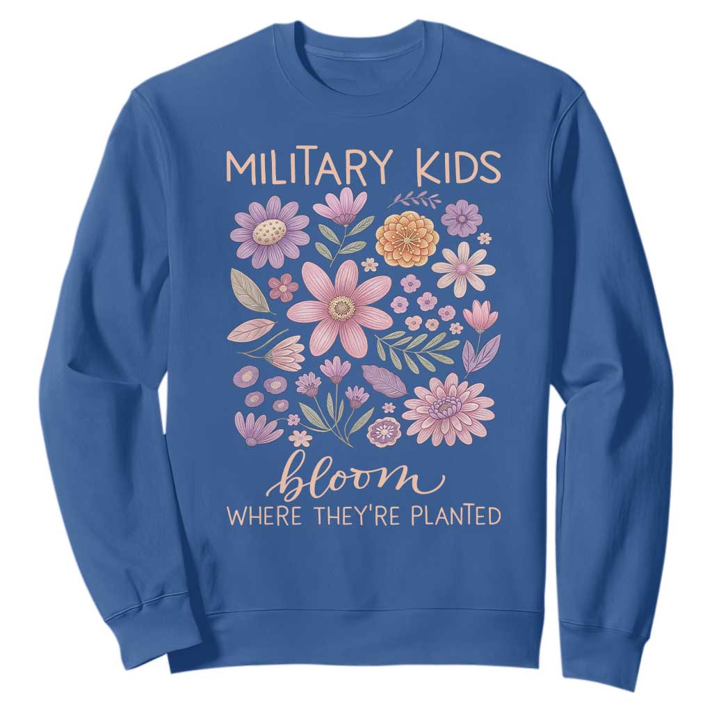 Military Kids Bloom Where They are Planted Sweatshirt Purple Up Month of the Military Child Floral Empowerment TS02 Royal Blue Print Your Wear