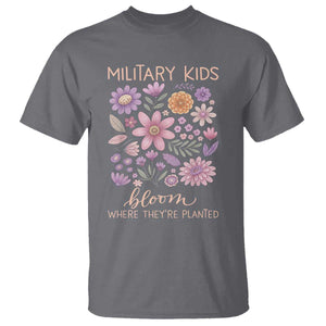 Military Kids Bloom Where They are Planted T Shirt Purple Up Month of the Military Child Floral Empowerment TS02 Charcoal Print Your Wear