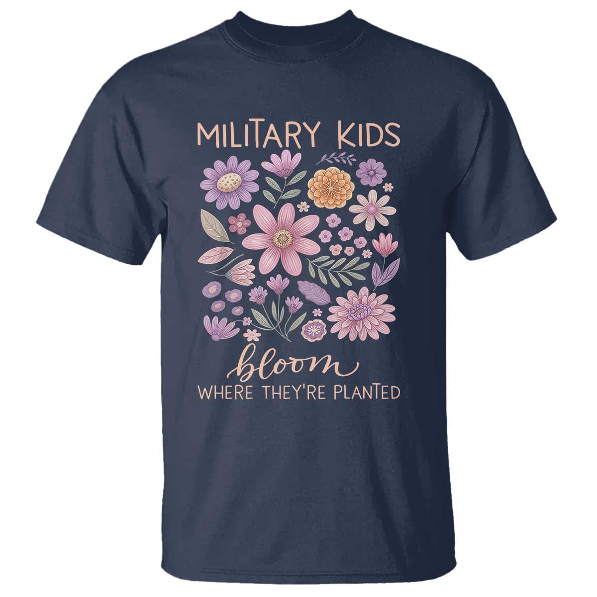 Military Kids Bloom Where They are Planted T Shirt Purple Up Month of the Military Child Floral Empowerment TS02 Navy Print Your Wear