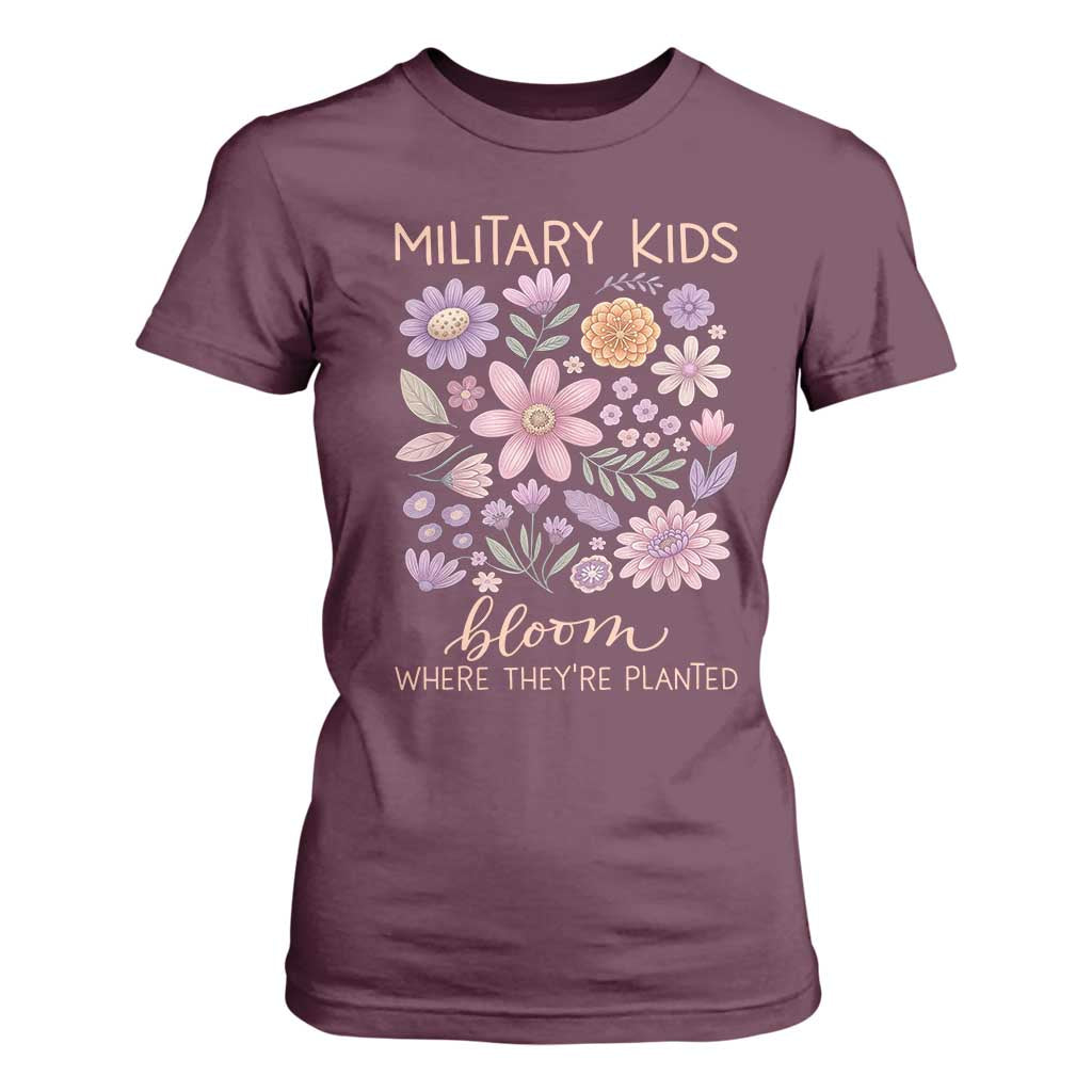 Military Kids Bloom Where They are Planted T Shirt For Women Purple Up Month of the Military Child Floral Empowerment TS02 Maroon Print Your Wear