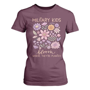 Military Kids Bloom Where They are Planted T Shirt For Women Purple Up Month of the Military Child Floral Empowerment TS02 Maroon Print Your Wear