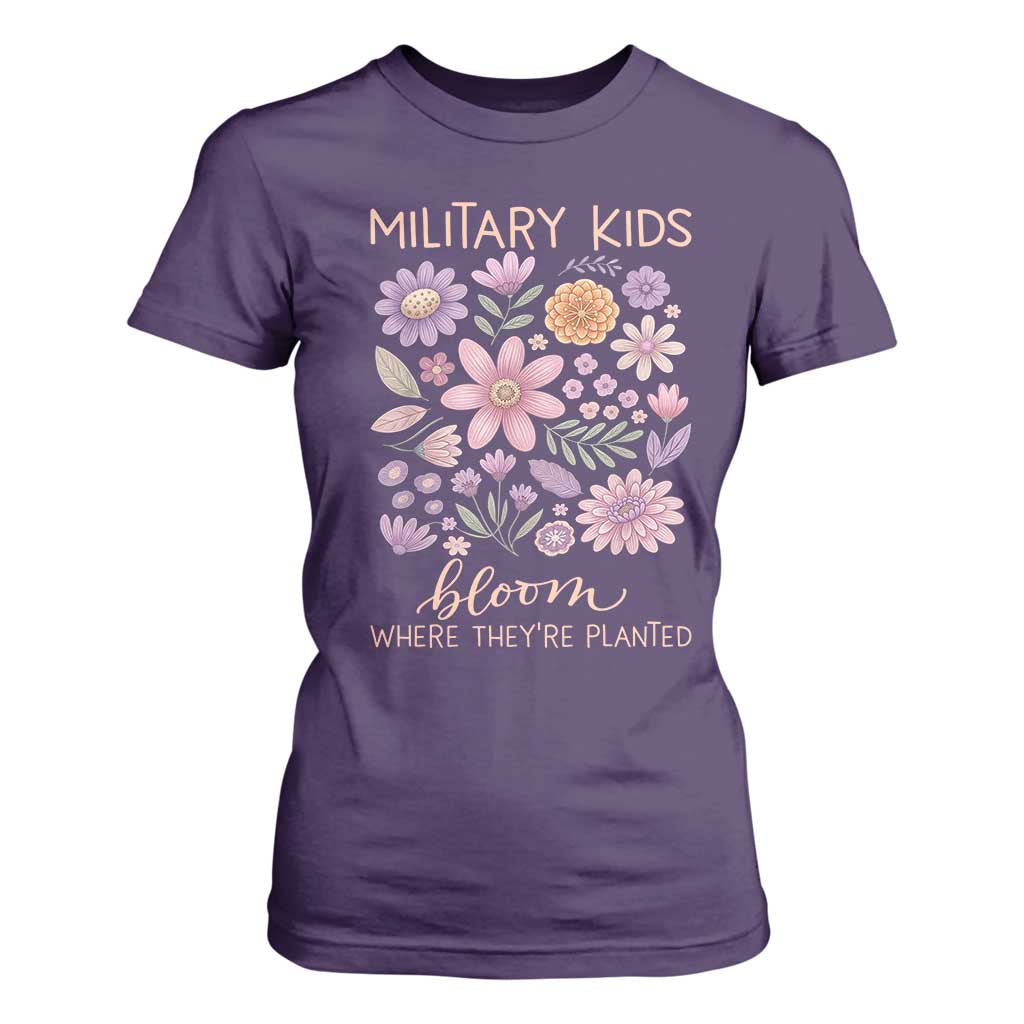 Military Kids Bloom Where They are Planted T Shirt For Women Purple Up Month of the Military Child Floral Empowerment TS02 Purple Print Your Wear
