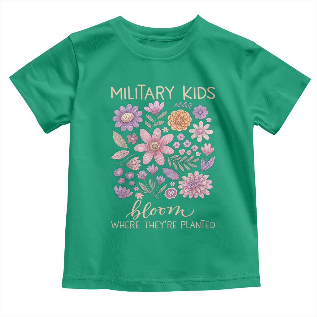 Military Kids Bloom Where They are Planted Toddler T Shirt Purple Up Month of the Military Child Floral Empowerment TS02 Irish Green Print Your Wear