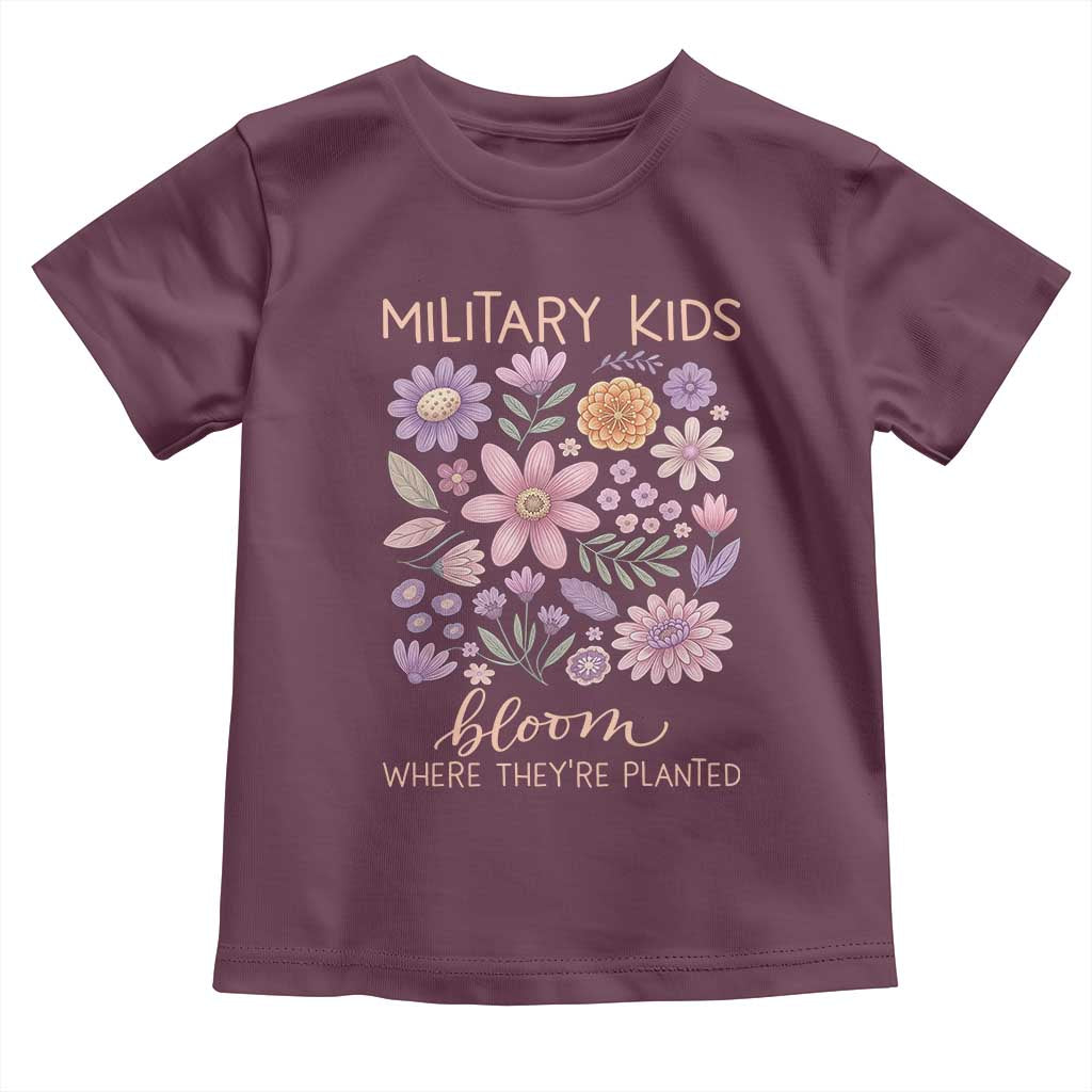 Military Kids Bloom Where They are Planted Toddler T Shirt Purple Up Month of the Military Child Floral Empowerment TS02 Maroon Print Your Wear