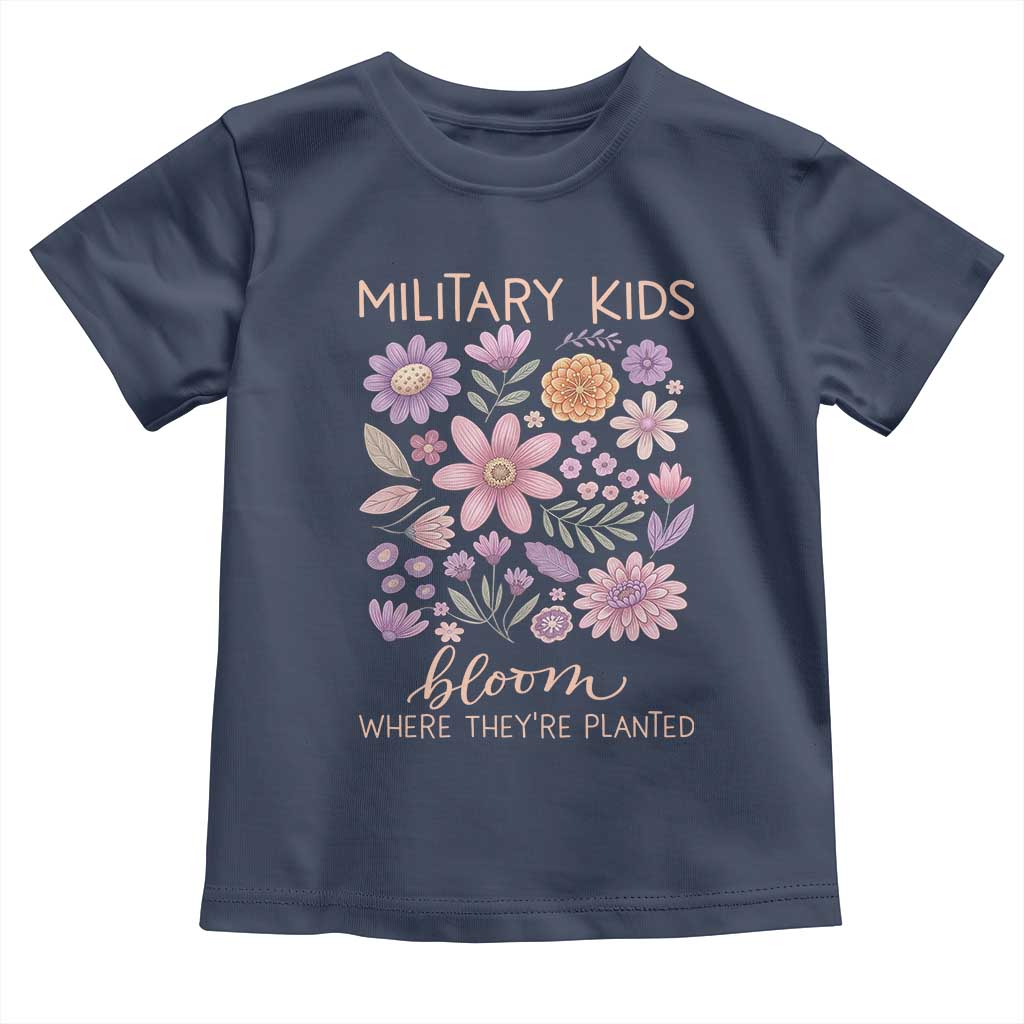 Military Kids Bloom Where They are Planted Toddler T Shirt Purple Up Month of the Military Child Floral Empowerment TS02 Navy Print Your Wear