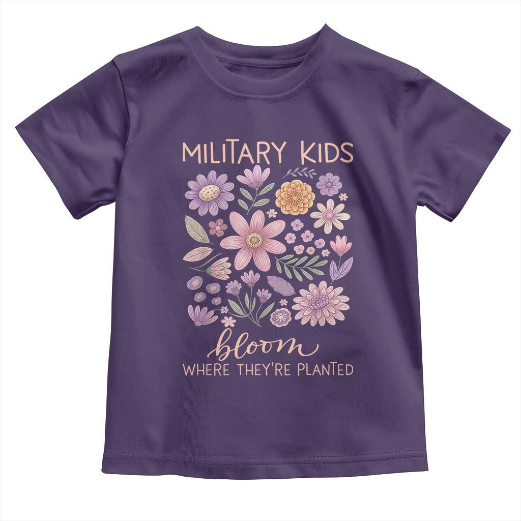 Military Kids Bloom Where They are Planted Toddler T Shirt Purple Up Month of the Military Child Floral Empowerment TS02 Purple Print Your Wear
