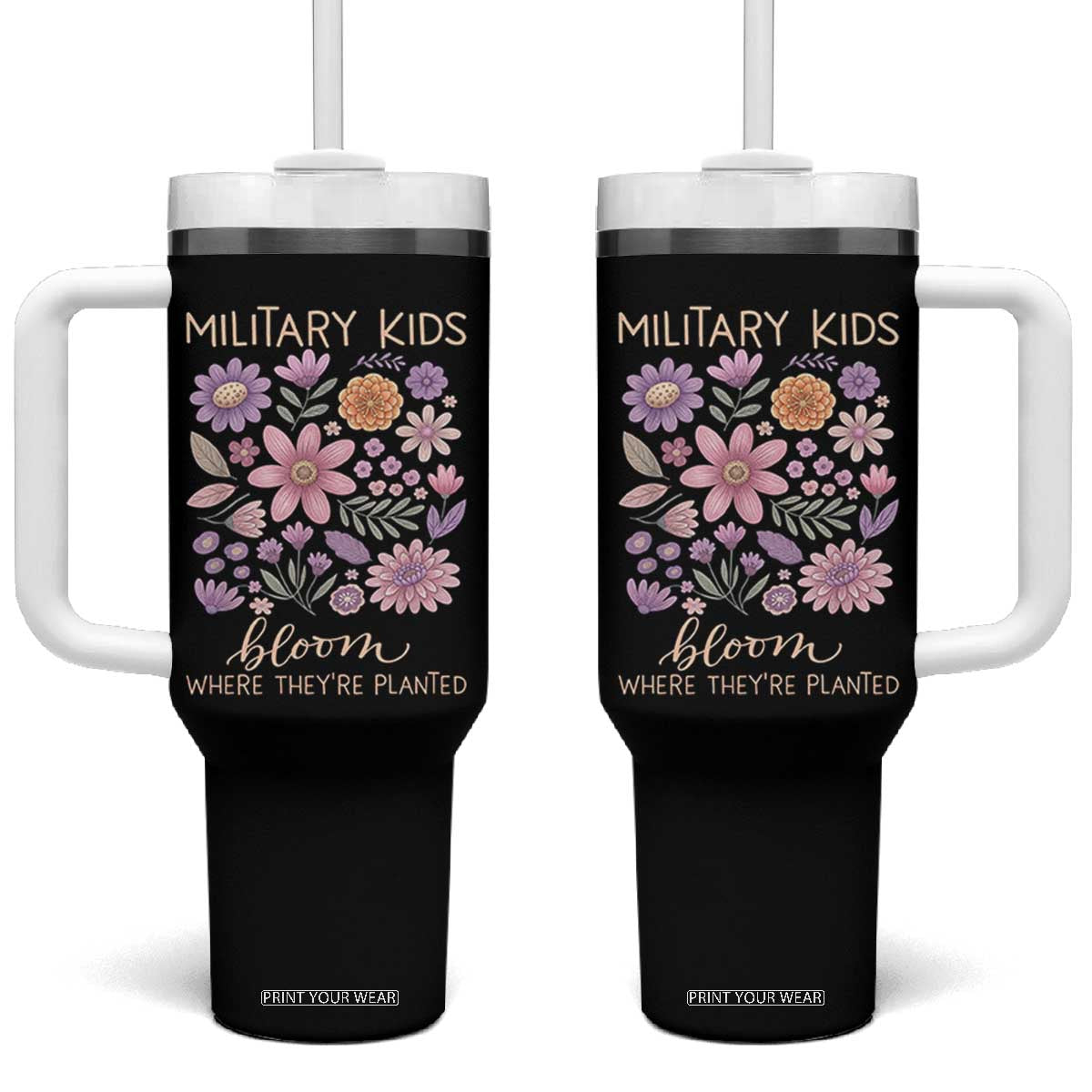 Military Kids Bloom Where They are Planted Tumbler With Handle Purple Up Month of the Military Child Floral Empowerment TS02 One Size: 40 oz Black Print Your Wear