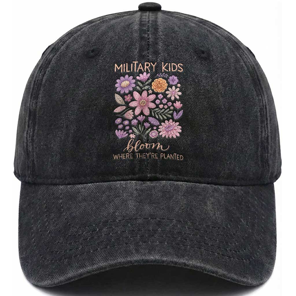 Military Kids Bloom Where They are Planted Washed Cotton Baseball Cap Purple Up Month of the Military Child Floral Empowerment TS02 Print Your Wear