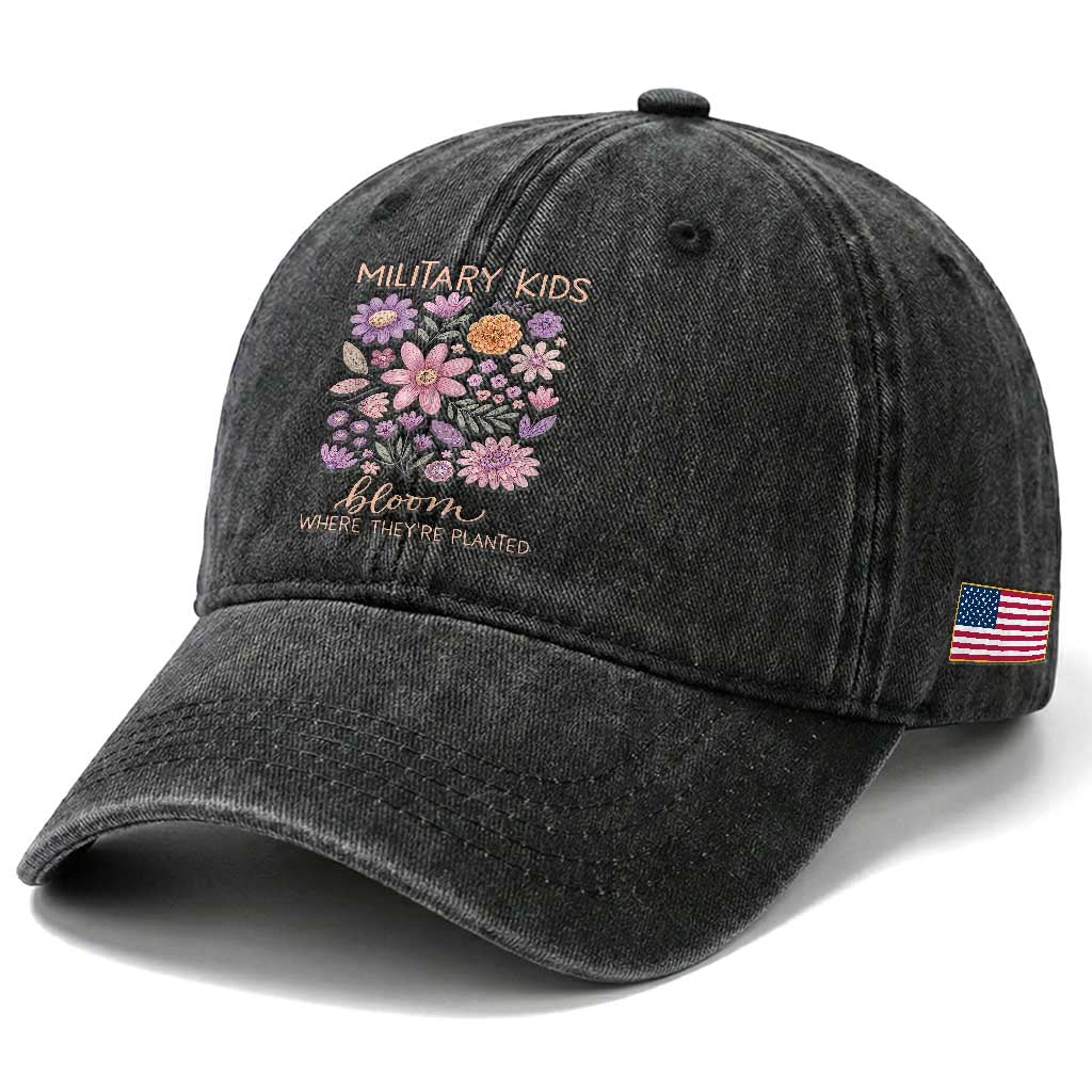 Military Kids Bloom Where They are Planted Washed Cotton Baseball Cap Purple Up Month of the Military Child Floral Empowerment TS02 Print Your Wear