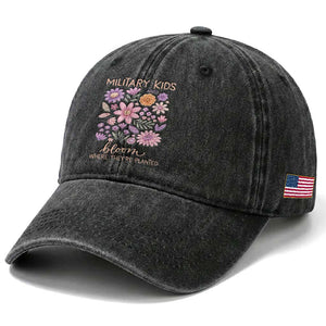 Military Kids Bloom Where They are Planted Washed Cotton Baseball Cap Purple Up Month of the Military Child Floral Empowerment TS02 Print Your Wear