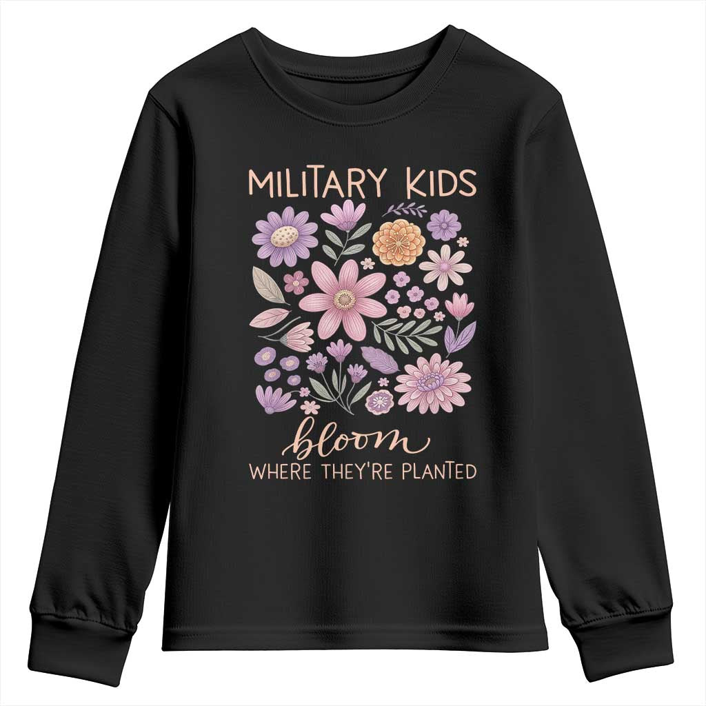 Military Kids Bloom Where They are Planted Youth Sweatshirt Purple Up Month of the Military Child Floral Empowerment TS02 Black Print Your Wear