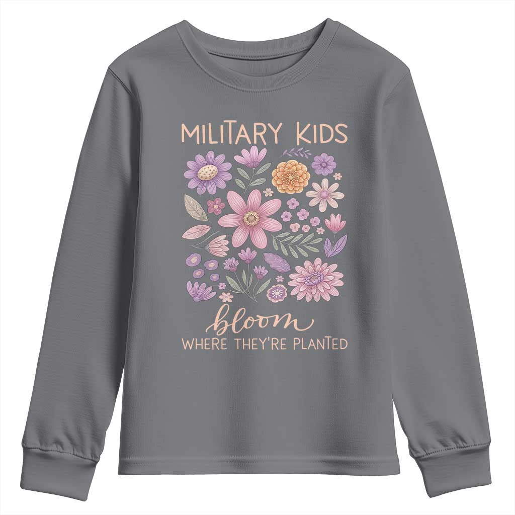 Military Kids Bloom Where They are Planted Youth Sweatshirt Purple Up Month of the Military Child Floral Empowerment TS02 Charcoal Print Your Wear