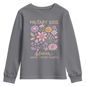 Military Kids Bloom Where They are Planted Youth Sweatshirt Purple Up Month of the Military Child Floral Empowerment TS02 Charcoal Print Your Wear