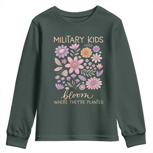 Military Kids Bloom Where They are Planted Youth Sweatshirt Purple Up Month of the Military Child Floral Empowerment TS02 Dark Forest Green Print Your Wear