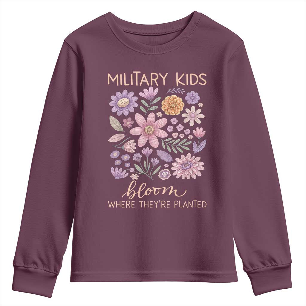 Military Kids Bloom Where They are Planted Youth Sweatshirt Purple Up Month of the Military Child Floral Empowerment TS02 Maroon Print Your Wear
