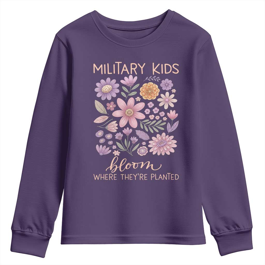 Military Kids Bloom Where They are Planted Youth Sweatshirt Purple Up Month of the Military Child Floral Empowerment TS02 Purple Print Your Wear