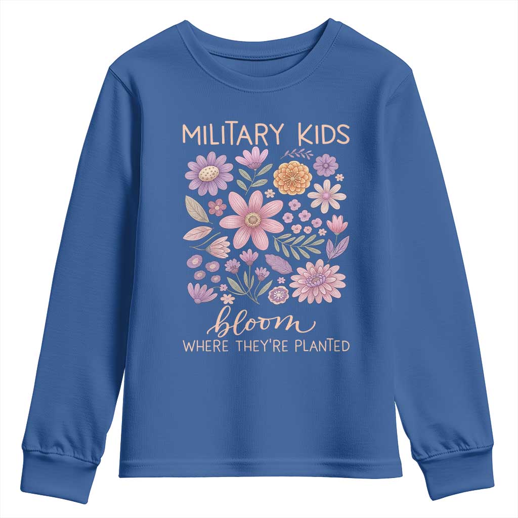 Military Kids Bloom Where They are Planted Youth Sweatshirt Purple Up Month of the Military Child Floral Empowerment TS02 Royal Blue Print Your Wear