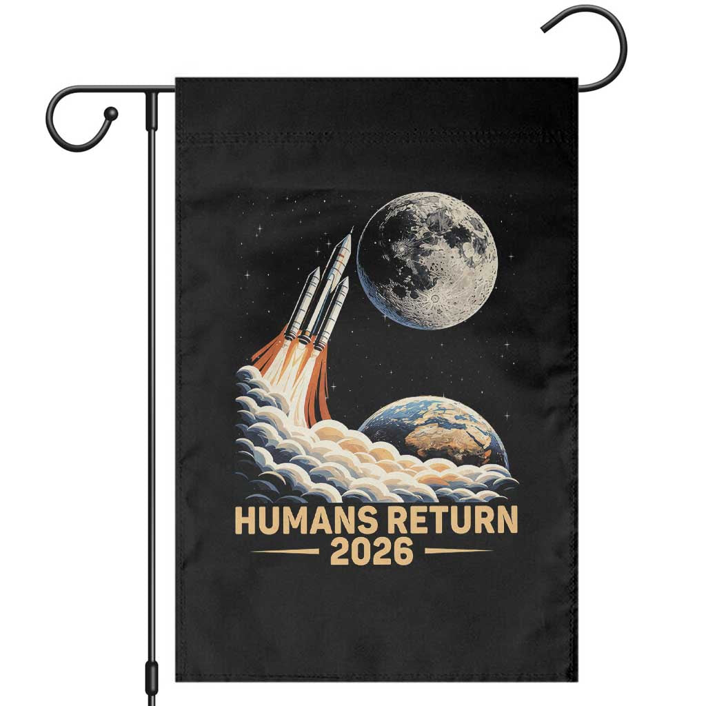 Retro Humans Return 2026 Lunar Mission Garden Flag Vintage Style Rocket Launch n Moon Graphic TS02 Black Print Your Wear