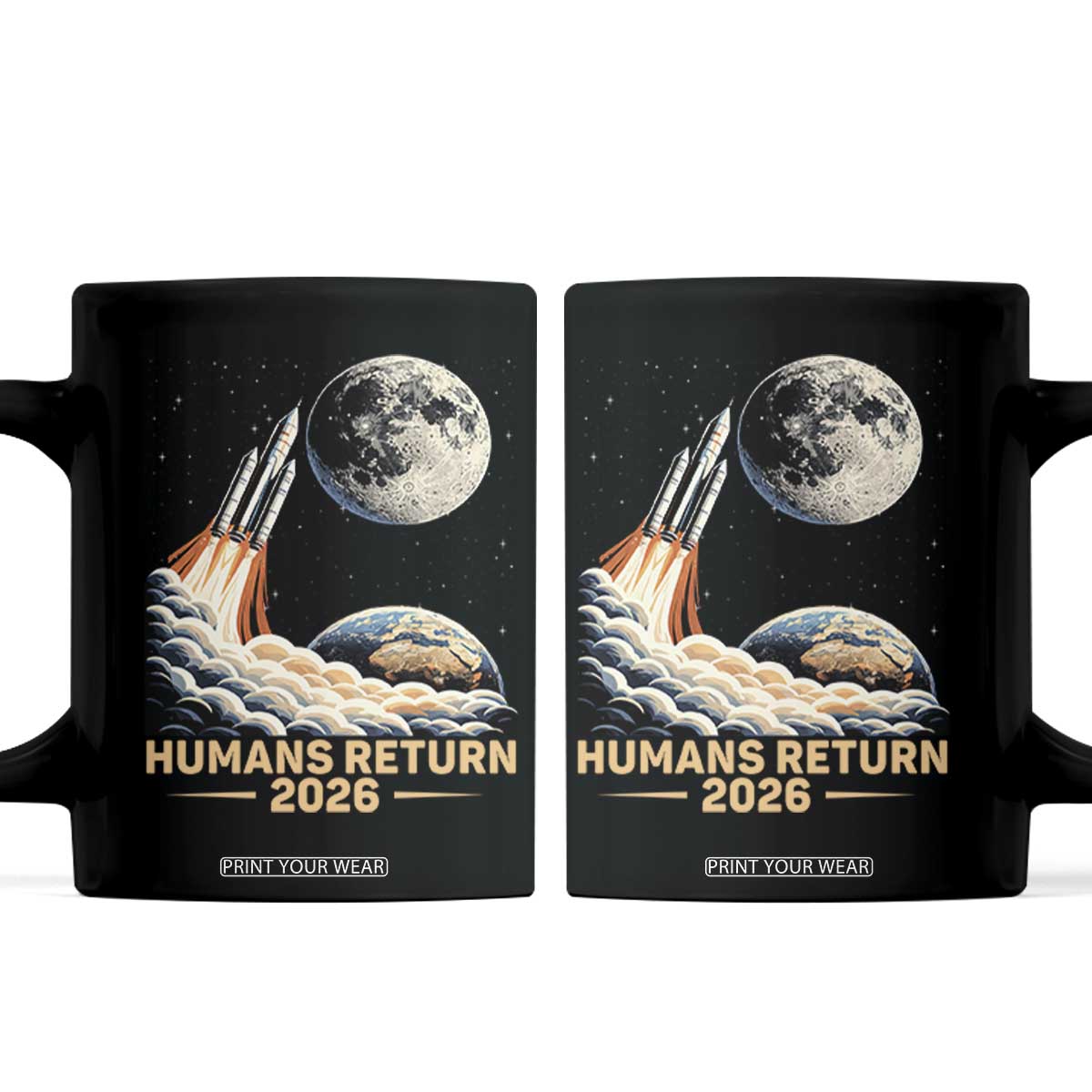 Retro Humans Return 2026 Lunar Mission Coffee Mug Vintage Style Rocket Launch n Moon Graphic TS02 Black Print Your Wear
