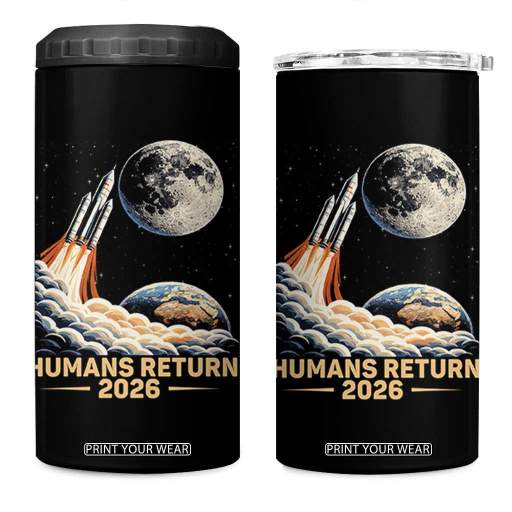 Retro Humans Return 2026 Lunar Mission 4 in 1 Can Cooler Tumbler Vintage Style Rocket Launch n Moon Graphic TS02 One Size: 16 oz Black Print Your Wear