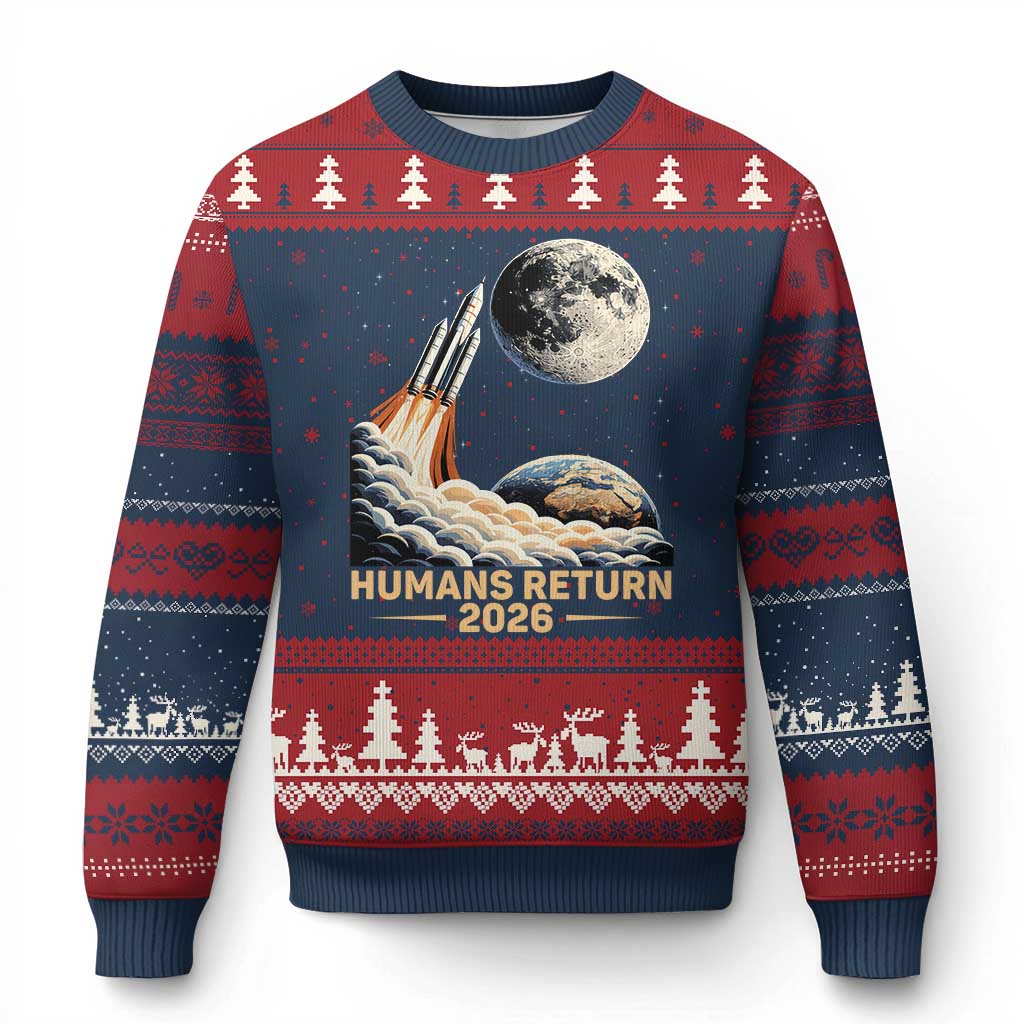 Retro Humans Return 2026 Lunar Mission Ugly Christmas Sweater Vintage Style Rocket Launch n Moon Graphic TS02 Navy Red Print Your Wear