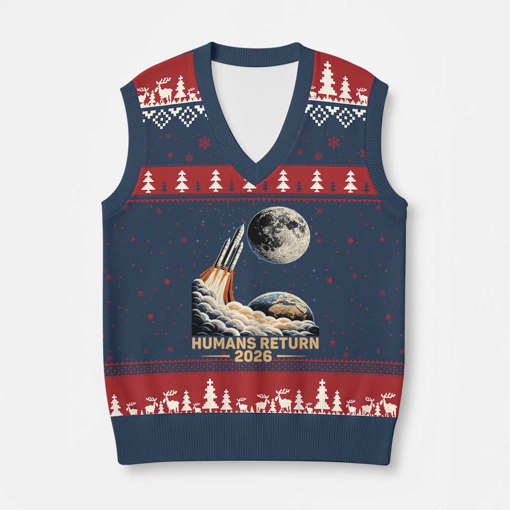 Retro Humans Return 2026 Lunar Mission V-Neck Knit Sweater Vest Vintage Style Rocket Launch n Moon Graphic TS02 Navy Red Print Your Wear