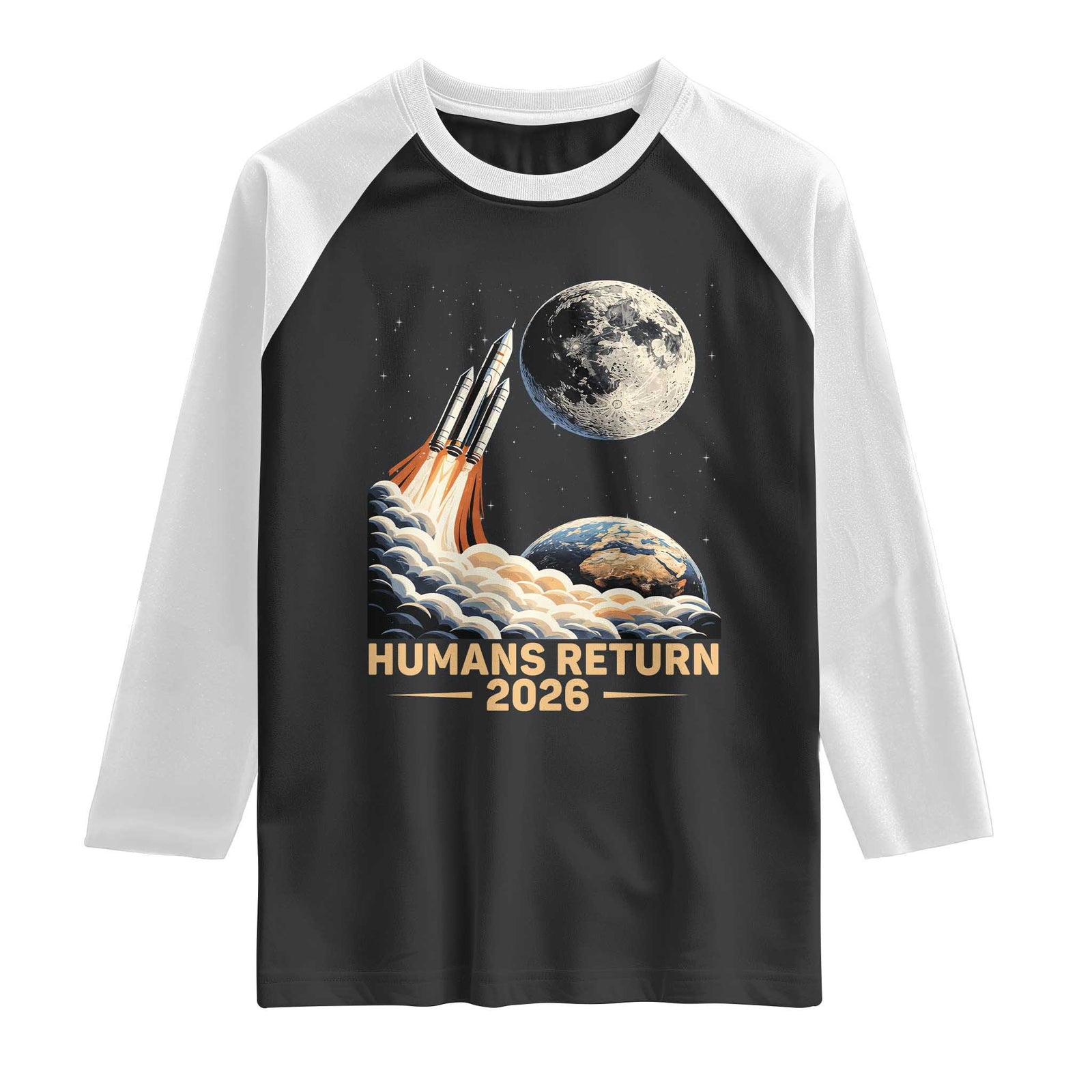 Retro Humans Return 2026 Lunar Mission Raglan Shirt Vintage Style Rocket Launch n Moon Graphic TS02 Black White Print Your Wear