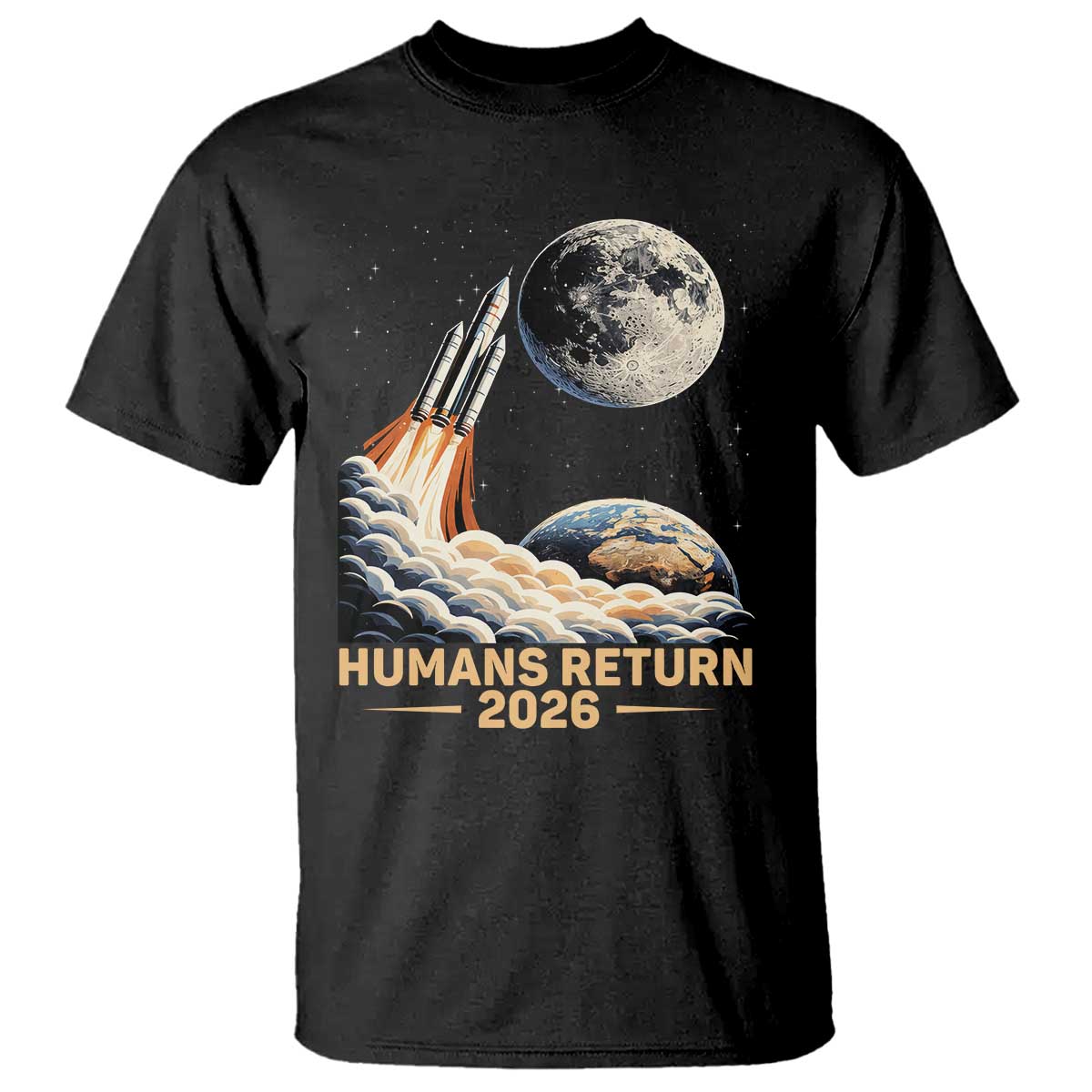 Retro Humans Return 2026 Lunar Mission T Shirt Vintage Style Rocket Launch n Moon Graphic TS02 Black Print Your Wear