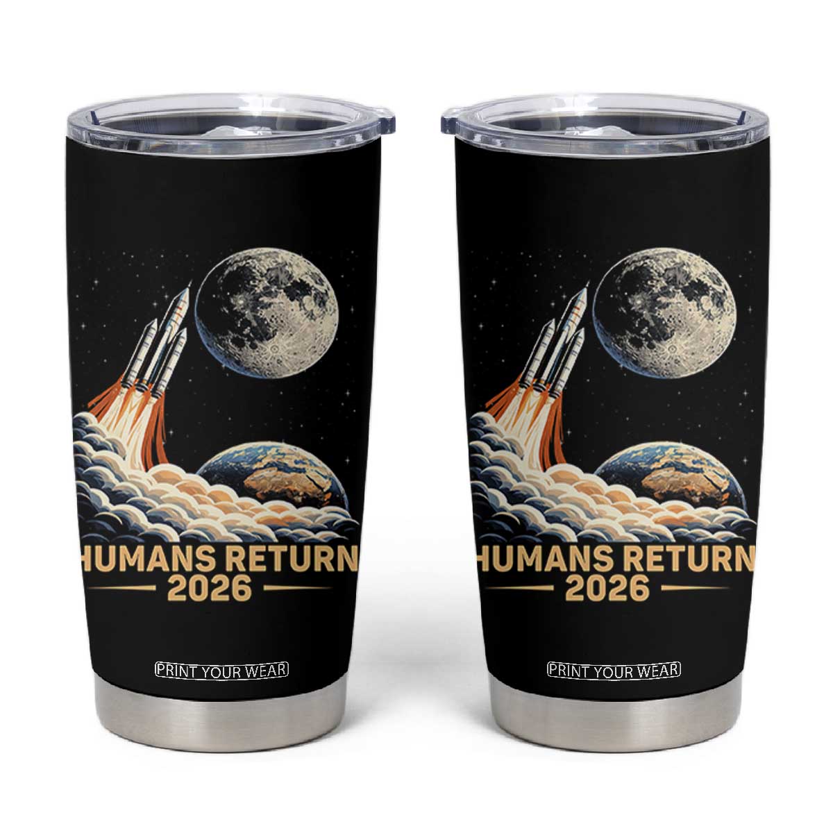 Retro Humans Return 2026 Lunar Mission Tumbler Cup Vintage Style Rocket Launch n Moon Graphic TS02 Black Print Your Wear
